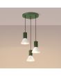 Brandende Sollux Estria olijf groen met beige hanglamp met drie pendels met geribbelde fittinghouder en een kegelvormige kapje met een diameter van 14cm