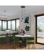 Sfeerfoto van Sollux Estria olijf groen met beige hanglamp met drie pendels met geribbelde fittinghouder en een kegelvormige kapje met een diameter van 14cm boven een eettafel