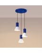 Brandende Sollux Estria marine blauw met witte hanglamp met drie pendels met geribbelde fittinghouder en een kegelvormige kapje met een diameter van 14cm