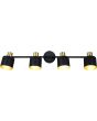 Trio Eva 868800480 brandende spot met ronde zwarte plafondplaat en vier spotjes met goudkleurige fitting en zwart kapje met goudkleurige binnenzijde aan twee zwarte stangen