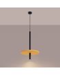 Brandende Sollux Feltro zwarte buisvormige hanglamp met een buis van 50 cm bij 2,5 cm met een gele schijf van 30 cm in diameter van vilt om de buis