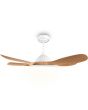 Zijaanzicht Reality Flen witte plafondventilator van 106 cm in diameter met vijf houten rotorbladen en LED unit in het midden