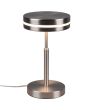 Trio Franklin 526510107 brandende staal kleurige tafellamp met schijfvormige metalen kap met LED rand in de zijkant en LED paneel naar beneden