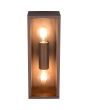 bovenaanzicht Trio Garonne roestbruine rechthoekige wandlamp voor buiten van 38cm hoog met drie helder glazen ruitjes en twee E27 peertjes