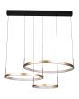 Searchlight Grace 20227-3GO hanglamp met zwarte plafondbalk en drie goudkleurige ringvormige kappen met LED aan de binnenzijde