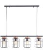 Brilliant Gwen 99798/66 brandende industriele hanglamp met zwarte plafondbalk en vier kappen van stalen spijlen en een houten plaat aan een zwarte stang
