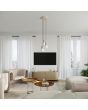Sollux Halo SL.1745 sfeerfoto van taupe kleurige hanglamp met plafondplaat van 25cm en drie geribbelde fittinghouders en wit bolvormig glazen kap van 12cm boven een zithoek in een moderne woonkamer