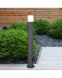 Trio Hoosic 424067142 sfeerfoto van antraciet grijze ronde paallamp met wit kunststof kop en twee stopcontacten aan de paal op een houten vlonder in een tuin met groene planten
