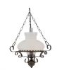 Searchlight Hurricane 576RU hanglamp in de vorm van een olielamp met een diameter van 45cm met wit en helder glas hangend aan drie roestbruine kettingen