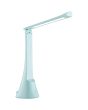 Brandende Brilliant Idana lichtblauwe oplaadbare bureaulamp van 37 cm hoog met kantelbare langwerpige kop en touchdimmer op de voet