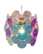 Bovenaanzicht kap van de Reality Iride chromen hanglamp van 25 cm in diameter met kap van transparant irisende schijfjes