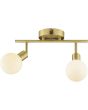 Brandende Brilliant Jorge mat messing plafondspot van 41,5 cm lang met twee wit bolvormig gesloten glazen kapjes