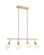 Brandende Brilliant Jorge mat messing langwerpige hanglamp van 77,5 cm lang met vier wit bolvormig gesloten glazen kapjes