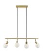 Brilliant Jorge mat messing langwerpige hanglamp van 77,5 cm lang met vier wit bolvormig gesloten glazen kapjes