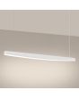 brandende witte langwerpige hanglamp van 150 cm lang met lich gebogen onderzijde waar LED in geintegreerd is