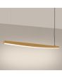 brandende goudkleurige langwerpige hanglamp van 150 cm lang met licht gebogen onderzijde waar LED in geïntegreerd is