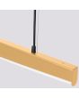 Bovenzijde van goudkleurige langwerpige hanglamp van 150 cm lang met licht gebogen onderzijde waar LED in geïntegreerd is