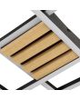 Detailfoto van de plafondplaat met de houten balkjes van de Brilliant Kaleo zwarte plafondlamp van 37,5 cm lang met twee vierkante raamwerken over elkaar, met geïntegreerde LED op een vierkante zwarte plafondplaat met vier houten balkjes erover