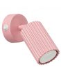 roze geribbeld wandspotje met een uitval van 16 cm en een kiepschakelaar op het ronde wandplaatje