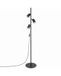 zwart metalen vloerlamp met drie geribbelde spotjes met een diameter van 65 mm aan een stang van 155 cm hoog