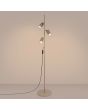 brandende taupe kleurige metalen vloerlamp met drie geribbelde spotjes met een diameter van 65 mm aan een stang van 155 cm hoog