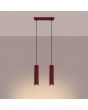 brandende bordeauxrode hanglamp met plafondbalk van 30 cm en twee pendels met een 30 cm hoge geribbelde buis met GU10 lampje