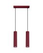 bordeauxrode hanglamp met plafondbalk van 30 cm en twee pendels met een 30 cm hoge geribbelde buis met GU10 lampje