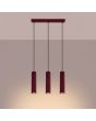 brandende bordeauxrode hanglamp met plafondbalk van 45 cm en drie pendels met een 30 cm hoge geribbelde buis met GU10 lampje
