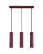 bordeauxrode hanglamp met plafondbalk van 45 cm en drie pendels met een 30 cm hoge geribbelde buis met GU10 lampje