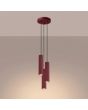brandende bordeauxrode hanglamp met plafondplaat van 20 cm en drie pendels met een 30 cm hoge geribbelde buis met GU10 lampje