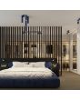 sfeerfoto van een ultramarijn blauw geribbelde plafondlamp Karbon met een diameter van 7 cm en een hoogte van 10 cm met een GU10 lampje met meerdere modellen uit dezelfde serie in een slaapkamer