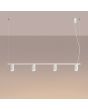 brandende witte langwerpige hanglamp Karbon van 122 cm lang met vier geribbelde spots van 65mm in diameter