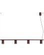bordeauxrode hanglamp van 122 cm lange buis met vier naar beneden gerichte geribbelde aluminium spotjes met GU10 lampje