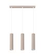 Sollux Karbon taupe kleurige langwerpige hanglamp van 45 cm lang met drie pendels met elk een 30 cm hoge cilindervormige kap van geribbeld aluminium met GU10 lamp