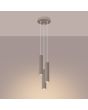 Brandende Sollux Karbon taupe kleurige ronde hanglamp van 19,5 cm in diameter met drie pendels met elk een 30 cm hoge cilindervormige kap van geribbeld aluminium met GU10 lamp