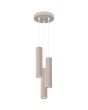 Sollux Karbon taupe kleurige ronde hanglamp van 19,5 cm in diameter met drie pendels met elk een 30 cm hoge cilindervormige kap van geribbeld aluminium met GU10 lamp