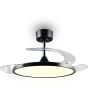 Uitgeklapte Reality Kasfjord zwarte plafondventilator van rond LED paneel met uitklapbare wieken daaraan uitgeklapt 107 cm in diameter