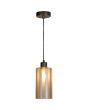 brandende bronzen hanglamp met een kap van mat met helder gestreept amber kleurig glazen kap met een diameter van 11cm