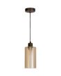 bronzen hanglamp met een kap van mat met helder gestreept amber kleurig glazen kap met een diameter van 11cm