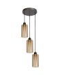 hanglamp met brons kleurige plafondplaat met een diameter van 25 cm en drie pendels met een kap van mat met helder gestreept amber kleurig glas met een diameter van 11cm