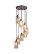 brandende hanglamp met brons kleurige plafondplaat met een diameter van 40 cm en acht pendels met een kap van mat met helder gestreept amber kleurig glas met een diameter van 11cm