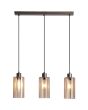brandende hanglamp met brons kleurige plafondbalk met een lengte van 60 cm en drie pendels met elk een kap van mat met helder gestreept amber kleurig glas met een diameter van 11cm