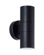 zwart geribbelde up-down wandlamp Keola voor buiten van 18cm hoog met naar beneden en boven gerichte gu10 spotjes