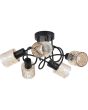 Searchlight Knot 23605-5BK zwarte plafonniere van in elkaar gedraaide stangen en vijf amber glazen kapjes met relief
