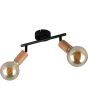 Casalum Lamego zwart metalen plafondspot van 35 cm lang met twee spots met imitatiehouten fittinghouder en goudkleurige globelamp