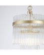 Searchlight Lara 11200-1GO detailfoto van hanglamp met goudkleurig plafondplaatje en een dubbele ring van helder glazen staafjes met een goudkleurige band eromheen