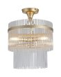 Searchlight Lara 11300-3GO brandende plafondlamp met goudkleurig plafondplaatje en een dubbele ring van helder glazen staafjes met een goudkleurige bank eromheen