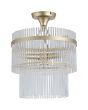 Searchlight Lara 11300-3GO plafondlamp met goudkleurig plafondplaatje en een dubbele ring van helder glazen staafjes met een goudkleurige bank eromheen