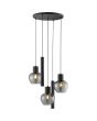 Brandende Brilliant Ligari zwarte hanglamp van 68 cm in diameter met drie bolvormige rookglazen kapen en twee cilindervormige buizen met GU10 spot