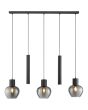 Brandende Brilliant Ligari zwarte hanglamp van 123 cm lang met drie bolvormige rookglazen kapen en twee cilindervormige buizen met GU10 spot